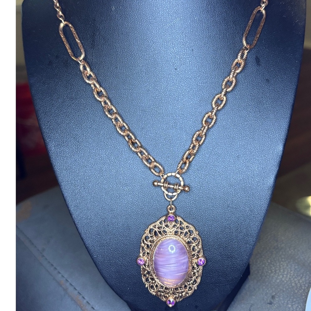 Amethyst Glass Quartz & Amethyst Crystal Filigree Pendant Necklace 30" - Picture 8 of 8